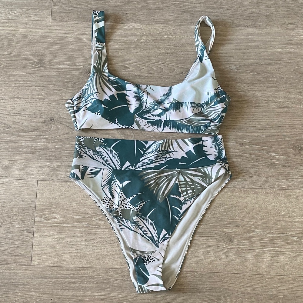 Aerie Green and White Palm-Print Bikini Set